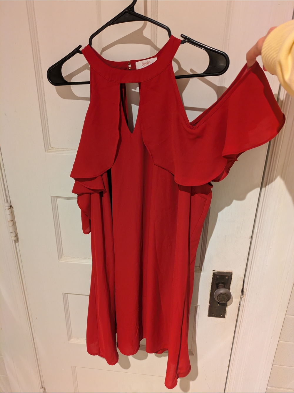 Candie's Red Cold-Shoulder Ruffle Mini Dress - Picture 2 of 6